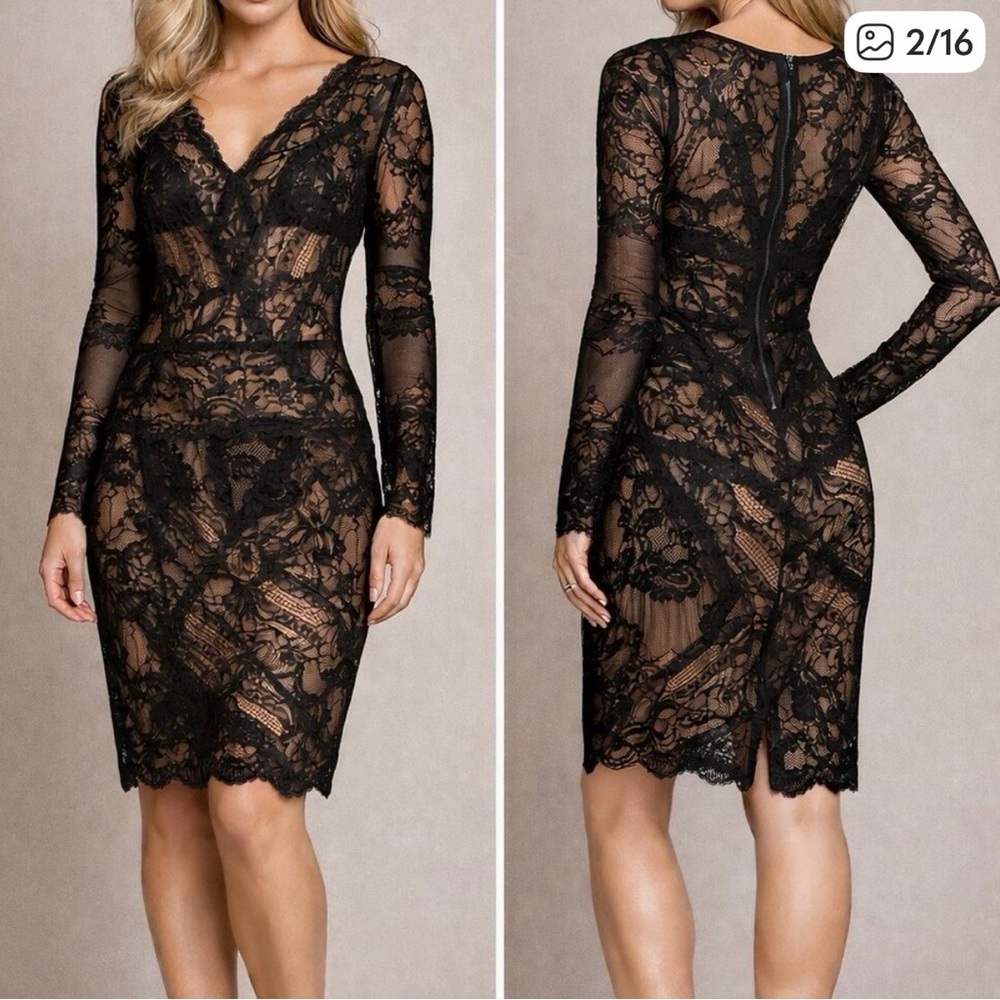 Nicole Miller Black Lace Long Sleeve Dress